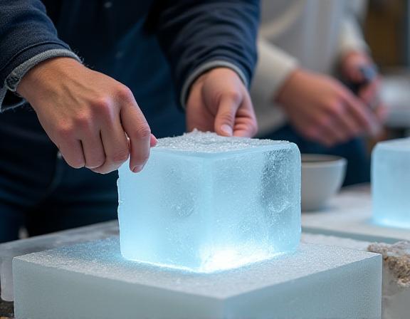 氷彫刻のワークショップで指導を受ける参加者